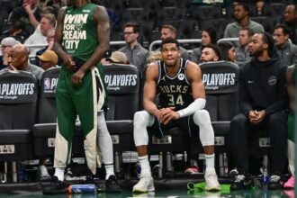 Apr 27, 2025; Milwaukee, Wisconsin, USA; Milwaukee Bucks forward Giannis Antetokounmpo (34) looks on in the final seconds of the game against the Indiana Pacers during game four of first round for the 2024 NBA Playoffs at Fiserv Forum. Mandatory Credit: Benny Sieu-Imagn Images