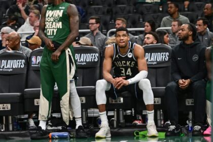 Apr 27, 2025; Milwaukee, Wisconsin, USA; Milwaukee Bucks forward Giannis Antetokounmpo (34) looks on in the final seconds of the game against the Indiana Pacers during game four of first round for the 2024 NBA Playoffs at Fiserv Forum. Mandatory Credit: Benny Sieu-Imagn Images