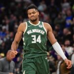 Nov 1, 2025; Milwaukee, Wisconsin, USA; Milwaukee Bucks forward Giannis Antetokounmpo (34) reacts after missing a shot late in the fourth quarter against the Sacramento Kings at Fiserv Forum. Mandatory Credit: Benny Sieu-Imagn Images