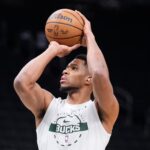 Nov 9, 2025; Milwaukee, Wisconsin, USA; Milwaukee Bucks forward Giannis Antetokounmpo (34) puts up a shot during pregame warmups before a game against Houston Rockets at Fiserv Forum. Mandatory Credit: Michael McLoone-Imagn Images
