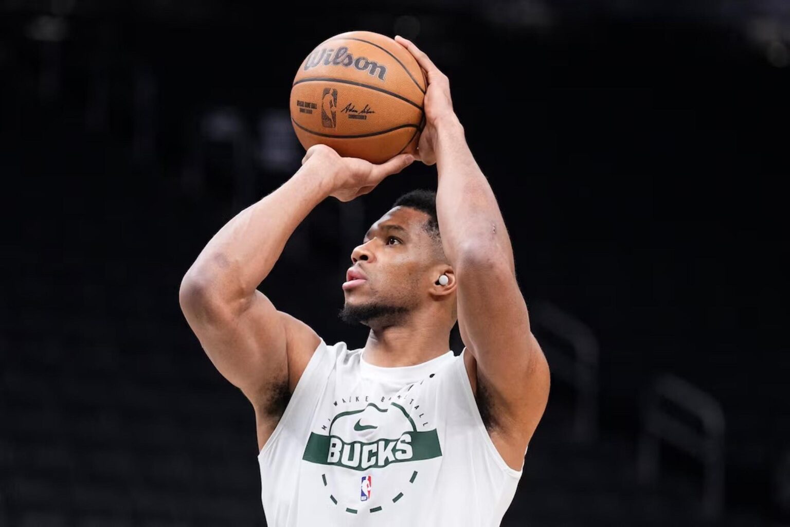 Nov 9, 2025; Milwaukee, Wisconsin, USA; Milwaukee Bucks forward Giannis Antetokounmpo (34) puts up a shot during pregame warmups before a game against Houston Rockets at Fiserv Forum. Mandatory Credit: Michael McLoone-Imagn Images