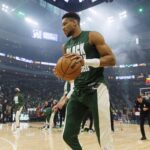 Feb 8, 2024; Milwaukee, Wisconsin, USA; Milwaukee Bucks forward Giannis Antetokounmpo (34) warms up prior to the game against the Minnesota Timberwolves at Fiserv Forum. Mandatory Credit: Jeff Hanisch-Imagn Images