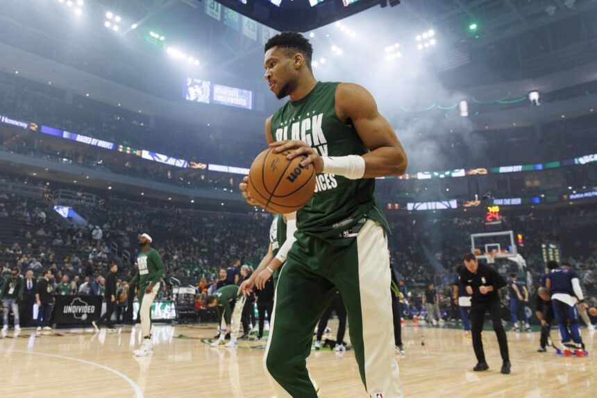 Feb 8, 2024; Milwaukee, Wisconsin, USA; Milwaukee Bucks forward Giannis Antetokounmpo (34) warms up prior to the game against the Minnesota Timberwolves at Fiserv Forum. Mandatory Credit: Jeff Hanisch-Imagn Images