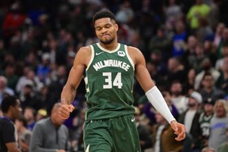 Nov 1, 2025; Milwaukee, Wisconsin, USA; Milwaukee Bucks forward Giannis Antetokounmpo (34) reacts after missing a shot late in the fourth quarter against the Sacramento Kings at Fiserv Forum. Mandatory Credit: Benny Sieu-Imagn Images