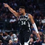 Nov 10, 2025; Dallas, Texas, USA; Milwaukee Bucks forward Giannis Antetokounmpo (34) reacts against the Dallas Mavericks during the first quarter at American Airlines Center. Mandatory Credit: Kevin Jairaj-Imagn Images