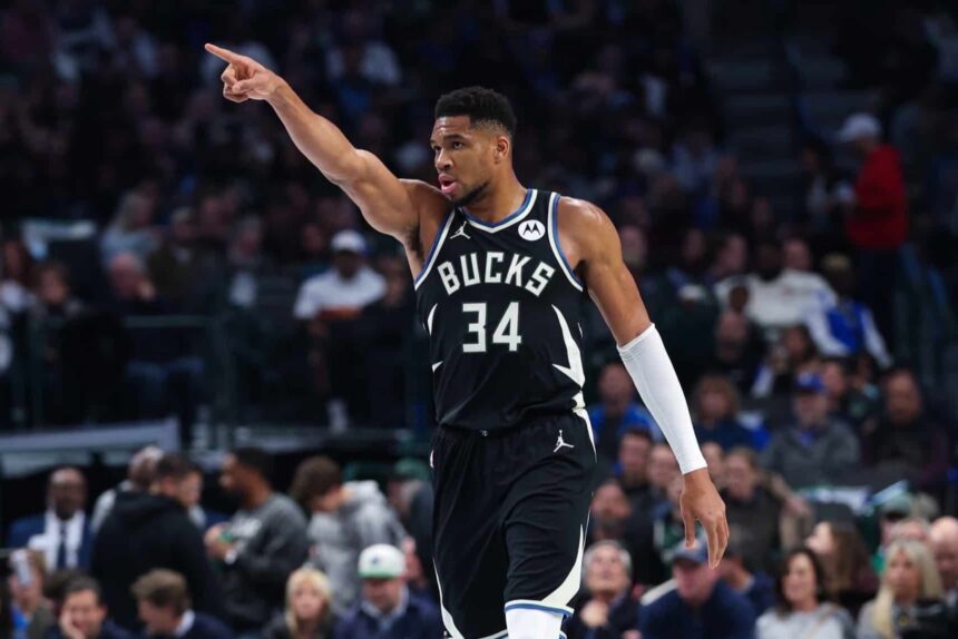 Nov 10, 2025; Dallas, Texas, USA; Milwaukee Bucks forward Giannis Antetokounmpo (34) reacts against the Dallas Mavericks during the first quarter at American Airlines Center. Mandatory Credit: Kevin Jairaj-Imagn Images