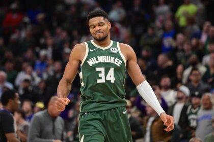 Nov 1, 2025; Milwaukee, Wisconsin, USA; Milwaukee Bucks forward Giannis Antetokounmpo (34) reacts after missing a shot late in the fourth quarter against the Sacramento Kings at Fiserv Forum. Mandatory Credit: Benny Sieu-Imagn Images