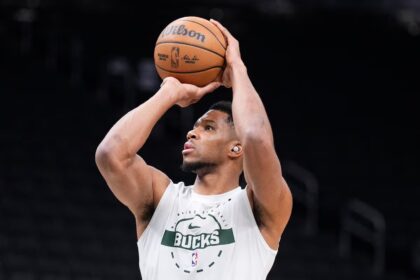 Nov 9, 2025; Milwaukee, Wisconsin, USA; Milwaukee Bucks forward Giannis Antetokounmpo (34) puts up a shot during pregame warmups before a game against Houston Rockets at Fiserv Forum. Mandatory Credit: Michael McLoone-Imagn Images