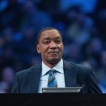 NBA great Isiah Thomas during the Slam Dunk Contest during the 2022 NBA All-Star Saturday Night at Rocket Mortgage Field House.