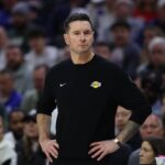 Dec 7, 2025; Philadelphia, Pennsylvania, USA; Los Angeles Lakers head coach JJ Redick looks on during the second quarter against the Philadelphia 76ers at Xfinity Mobile Arena. Mandatory Credit: Bill Streicher-Imagn Images