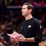 Nov 14, 2025; New Orleans, Louisiana, USA; Los Angeles Lakers Head Coach JJ Redick looks on against the New Orleans Pelicans during the second half at Smoothie King Center. Mandatory Credit: Stephen Lew-Imagn Images