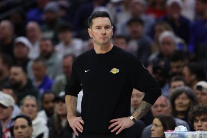 Dec 7, 2025; Philadelphia, Pennsylvania, USA; Los Angeles Lakers head coach JJ Redick looks on during the second quarter against the Philadelphia 76ers at Xfinity Mobile Arena. Mandatory Credit: Bill Streicher-Imagn Images