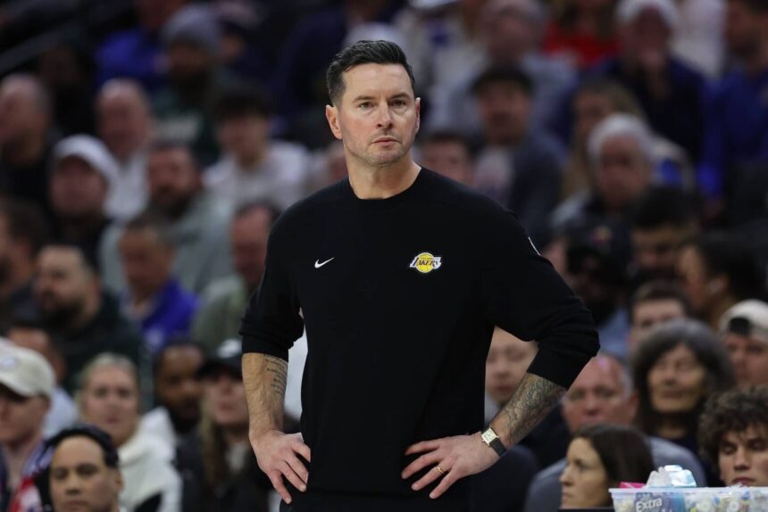 Philadelphia, Pennsylvania, USA; Los Angeles Lakers head coach JJ Redick looks on during the second quarter against the Philadelphia 76ers at Xfinity Mobile Arena. Mandatory Credit: Bill Streicher-Imagn Images
