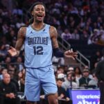 Nov 11, 2025; New York, New York, USA; Memphis Grizzlies guard Ja Morant (12) reacts after getting called for a foul in the second quarter against the New York Knicks at Madison Square Garden. Mandatory Credit: Wendell Cruz-Imagn Images