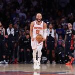 New York Knicks guard Jalen Brunson (11) reacts during the fourth quarter against the Cleveland Cavaliers at Madison Square Garden.
