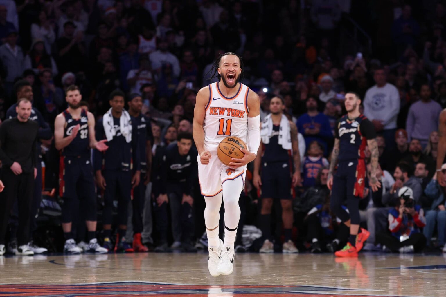 New York Knicks guard Jalen Brunson (11) reacts during the fourth quarter against the Cleveland Cavaliers at Madison Square Garden.