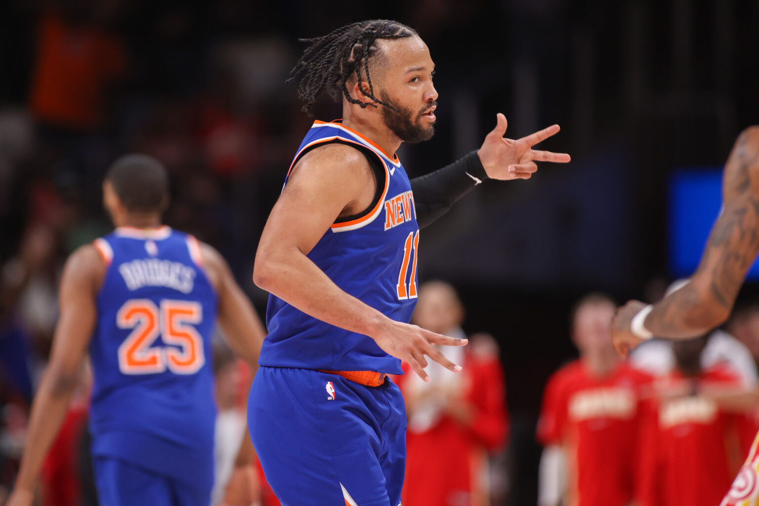 Dec 27, 2025; Atlanta, Georgia, USA; New York Knicks guard Jalen Brunson (11) reacts after a basket against the Atlanta Hawks in the fourth quarter at State Farm Arena. Mandatory Credit: Brett Davis-Imagn Images