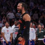 Nov 28, 2025; New York, New York, USA; New York Knicks guard Jalen Brunson (11) reacts after making a basket during the second half against the Milwaukee Bucks at Madison Square Garden. Mandatory Credit: Vincent Carchietta-Imagn Images