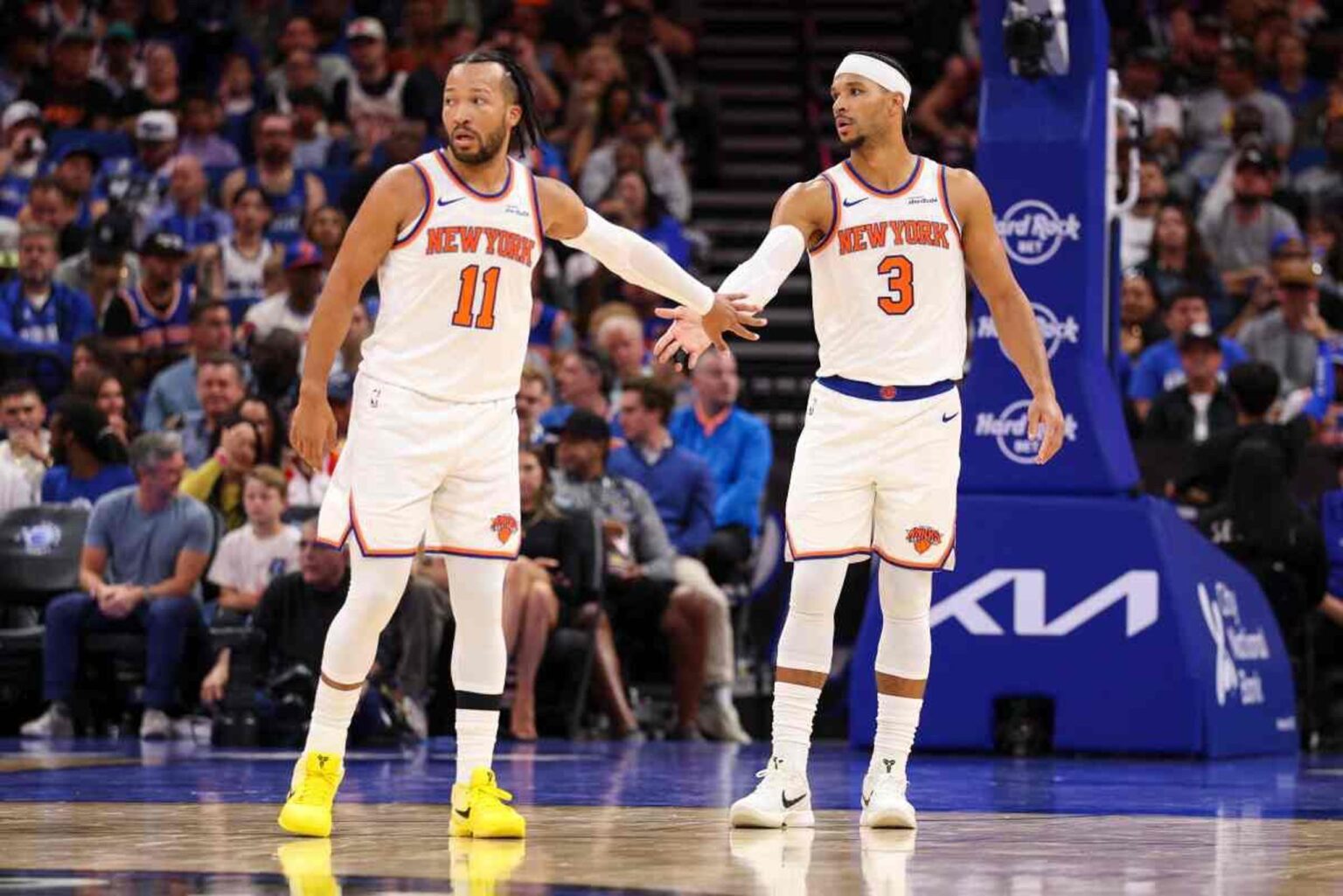 Nov 22, 2025; Orlando, Florida, USA; New York Knicks guard Jalen Brunson (11) and guard Josh Hart (3) react after a play against the Orlando Magic in the second quarter at Kia Center. Mandatory Credit: Nathan Ray Seebeck-Imagn Images