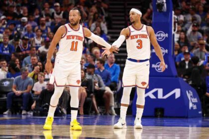 Nov 22, 2025; Orlando, Florida, USA; New York Knicks guard Jalen Brunson (11) and guard Josh Hart (3) react after a play against the Orlando Magic in the second quarter at Kia Center. Mandatory Credit: Nathan Ray Seebeck-Imagn Images