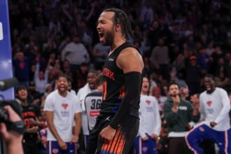 Nov 28, 2025; New York, New York, USA; New York Knicks guard Jalen Brunson (11) reacts after making a basket during the second half against the Milwaukee Bucks at Madison Square Garden. Mandatory Credit: Vincent Carchietta-Imagn Images