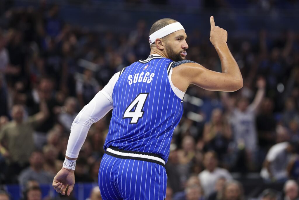 Dec 5, 2025; Orlando, Florida, USA; Orlando Magic guard Jalen Suggs (4) reacts after a basket against the Miami Heat in the third quarter at Kia Center. Mandatory Credit: Nathan Ray Seebeck-Imagn Images