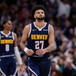 Dec 22, 2025; Denver, Colorado, USA; Denver Nuggets guard Jamal Murray (27) reacts after a play in the first quarter against the Utah Jazz at Ball Arena. Mandatory Credit: Isaiah J. Downing-Imagn Images