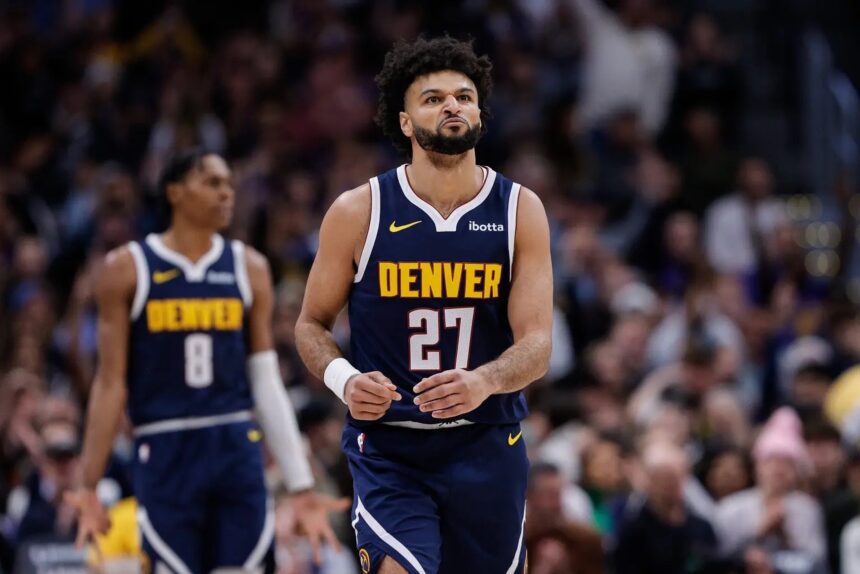 Dec 22, 2025; Denver, Colorado, USA; Denver Nuggets guard Jamal Murray (27) reacts after a play in the first quarter against the Utah Jazz at Ball Arena. Mandatory Credit: Isaiah J. Downing-Imagn Images