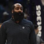 Los Angeles Clippers guard James Harden (1) warms up before the game against the Charlotte Hornets at the Spectrum Center.