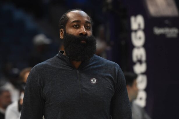 Los Angeles Clippers guard James Harden (1) warms up before the game against the Charlotte Hornets at the Spectrum Center.