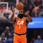 Nov 29, 2025; Inglewood, California, USA; Los Angeles Clippers guard James Harden (1) passes the ball during the first quarter against the Dallas Mavericks at Intuit Dome. Mandatory Credit: Kiyoshi Mio-Imagn Images