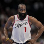 Nov 14, 2025; Dallas, Texas, USA; LA Clippers guard James Harden (1) looks on during an NBA Cup game between the Mavericks and the Clippers at the American Airlines Center. Mandatory Credit: Jerome Miron-Imagn Images