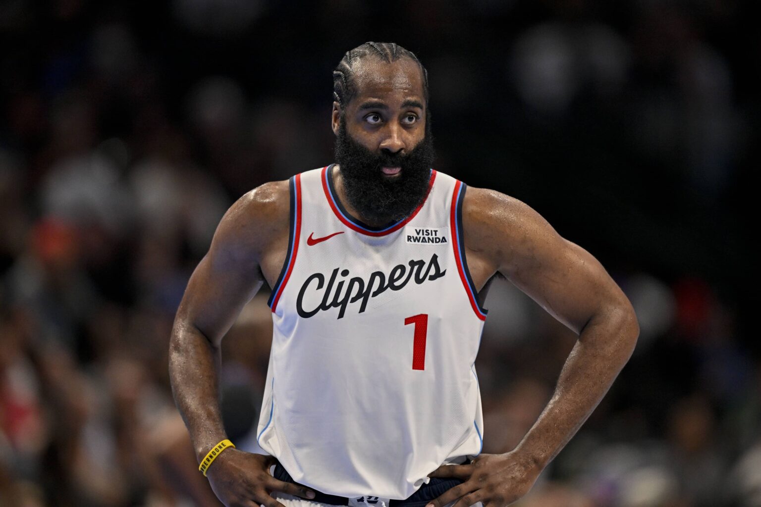 Nov 14, 2025; Dallas, Texas, USA; LA Clippers guard James Harden (1) looks on during an NBA Cup game between the Mavericks and the Clippers at the American Airlines Center. Mandatory Credit: Jerome Miron-Imagn Images