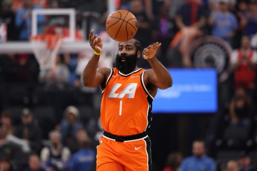 Nov 29, 2025; Inglewood, California, USA; Los Angeles Clippers guard James Harden (1) passes the ball during the first quarter against the Dallas Mavericks at Intuit Dome. Mandatory Credit: Kiyoshi Mio-Imagn Images