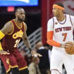 Feb 23, 2017; Cleveland, OH, USA; Cleveland Cavaliers forward LeBron James (23) defends New York Knicks forward Carmelo Anthony (7) during the second half at Quicken Loans Arena. Mandatory Credit: Ken Blaze-Imagn Images