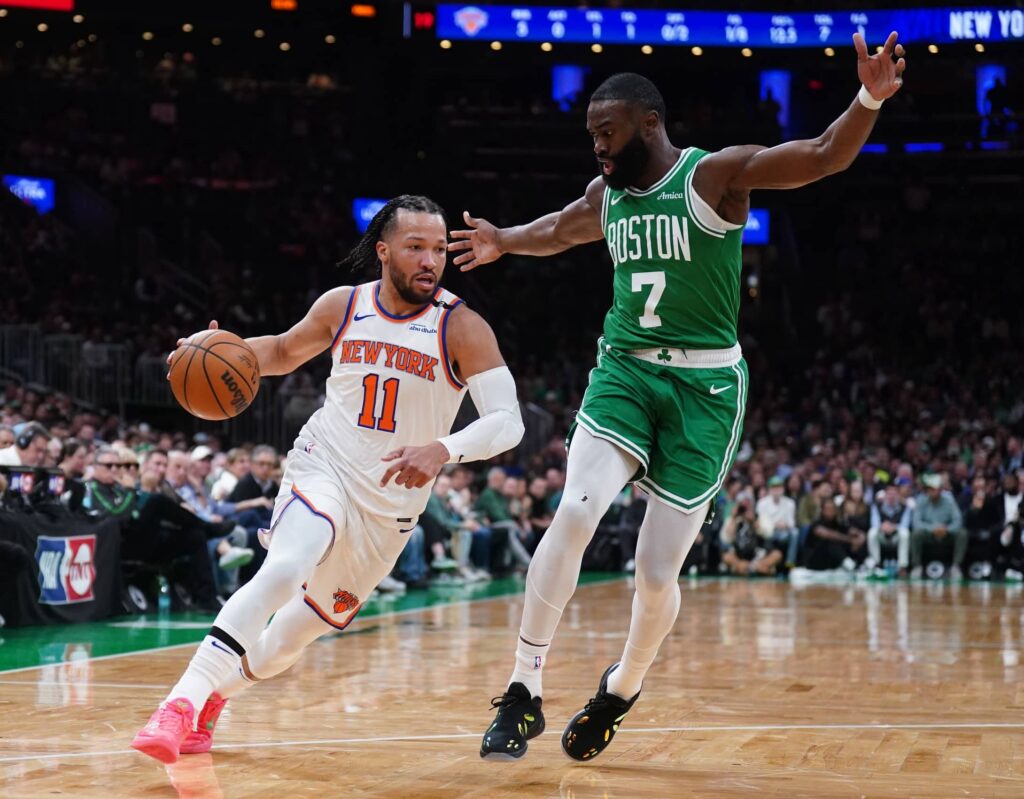 New York Knicks guard Jalen Brunson (11) drives the ball against Boston Celtics guard Jaylen Brown (7) in the first quarter during game two of the second round for the 2025 NBA Playoffs at TD Garden.