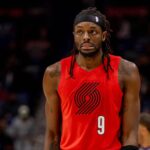 Portland Trail Blazers forward Jerami Grant (9) reacts to a play against the New Orleans Pelicans during the first half at Smoothie King Center.
