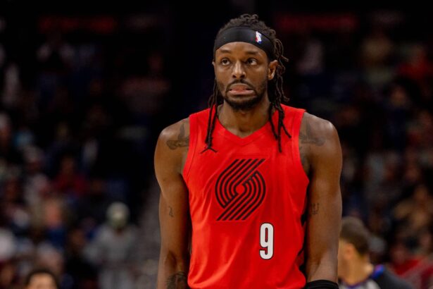 Portland Trail Blazers forward Jerami Grant (9) reacts to a play against the New Orleans Pelicans during the first half at Smoothie King Center.