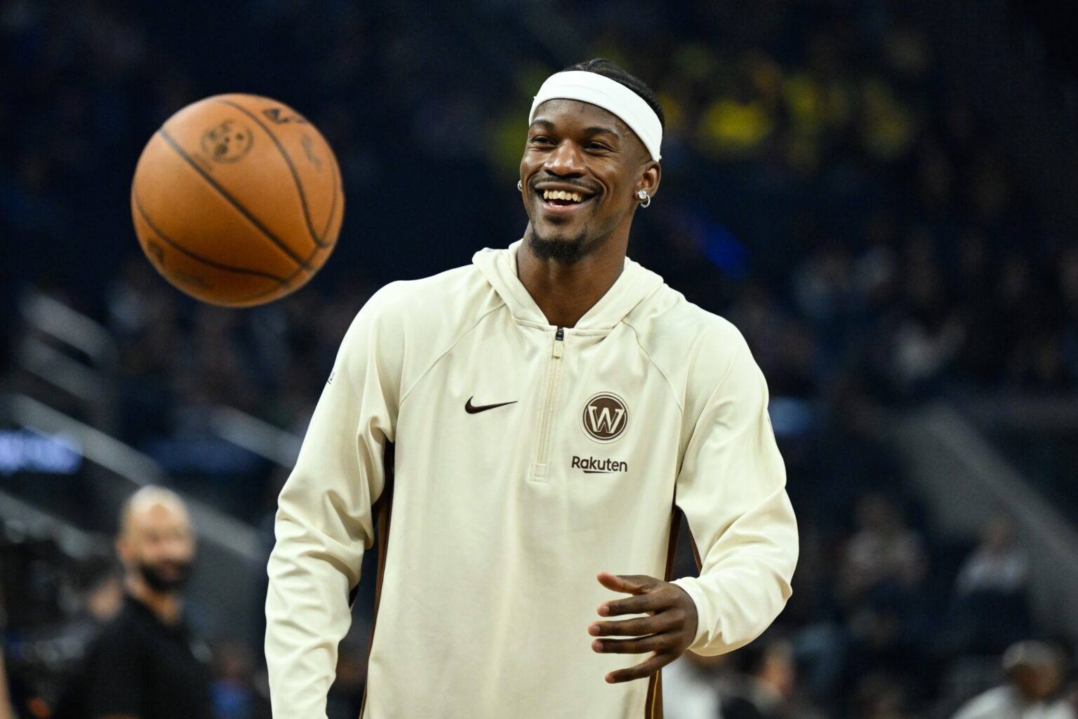 Dec 22, 2025; San Francisco, California, USA; Golden State Warriors forward Jimmy Butler III (10) smiles during warm ups before the game against the Orlando Magic at Chase Center. Mandatory Credit: Eakin Howard-Imagn Images