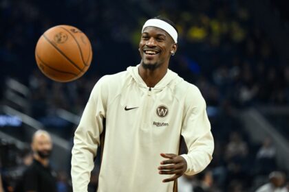 Dec 22, 2025; San Francisco, California, USA; Golden State Warriors forward Jimmy Butler III (10) smiles during warm ups before the game against the Orlando Magic at Chase Center. Mandatory Credit: Eakin Howard-Imagn Images