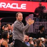 Jan 23, 2025; San Francisco, California, USA; Golden State Warriors majority owner Joe Lacob claps on the sideline after the game against the Chicago Bulls at Chase Center. Mandatory Credit: Kelley L Cox-Imagn Images