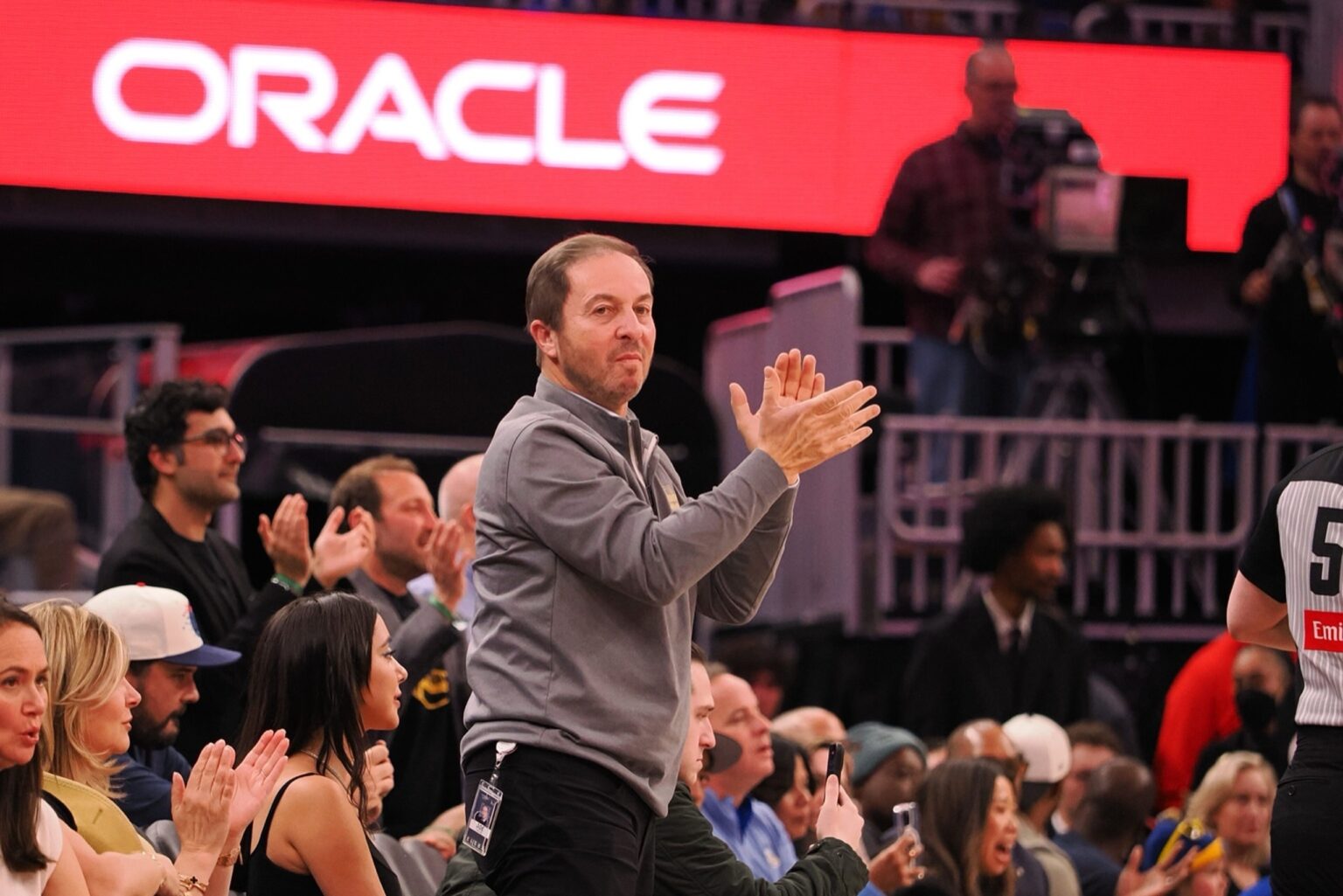 Jan 23, 2025; San Francisco, California, USA; Golden State Warriors majority owner Joe Lacob claps on the sideline after the game against the Chicago Bulls at Chase Center. Mandatory Credit: Kelley L Cox-Imagn Images