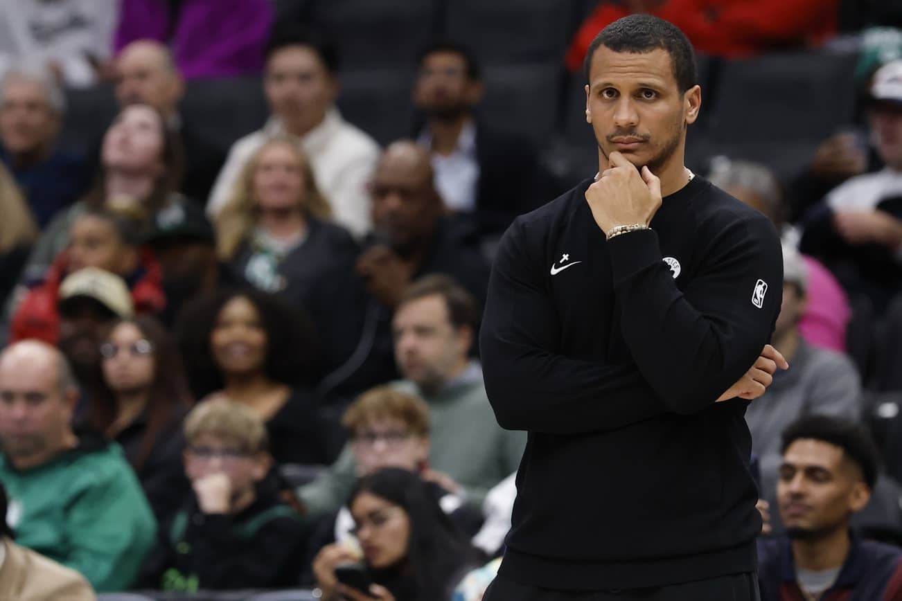 Boston Celtics head coach Joe Mazzulla looks on from the bench Washington Wizards in the second half at Capital One Arena.