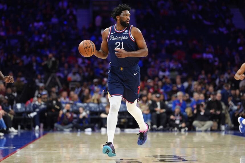 Nov 30, 2025; Philadelphia, Pennsylvania, USA; Philadelphia 76ers center Joel Embiid (21) controls the ball against the Atlanta Hawks in the third quarter at Xfinity Mobile Arena. Mandatory Credit: Kyle Ross-Imagn Images