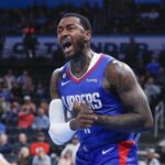 Oct 27, 2022; Oklahoma City, Oklahoma, USA; LA Clippers guard John Wall (11) reacts after scoring a basket against the Oklahoma City Thunder during the second half at Paycom Center. Oklahoma City won 118-110. Mandatory Credit: Alonzo Adams-USA TODAY Sports