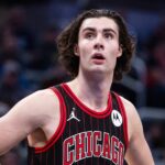 Chicago Bulls guard Josh Giddey (3) looks on against the Indiana Pacers during the first half at Gainbridge Fieldhouse.