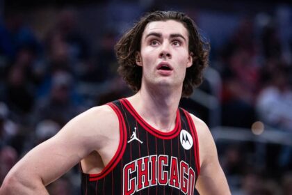 Chicago Bulls guard Josh Giddey (3) looks on against the Indiana Pacers during the first half at Gainbridge Fieldhouse.