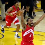 Jun 13, 2019; Oakland, CA, USA; Toronto Raptors forward Kawhi Leonard (2) and Toronto Raptors guard Kyle Lowry (7) celebrate winning the NBA Championship over the Golden State Warriors against game six of the 2019 NBA Finals at Oracle Arena. Mandatory Credit: Sergio Estrada-Imagn Images