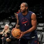 Mar 28, 2025; Brooklyn, New York, USA; Los Angeles Clippers forward Kawhi Leonard (2) warms up before a game against the Brooklyn Nets at Barclays Center. Mandatory Credit: Brad Penner-Imagn Images