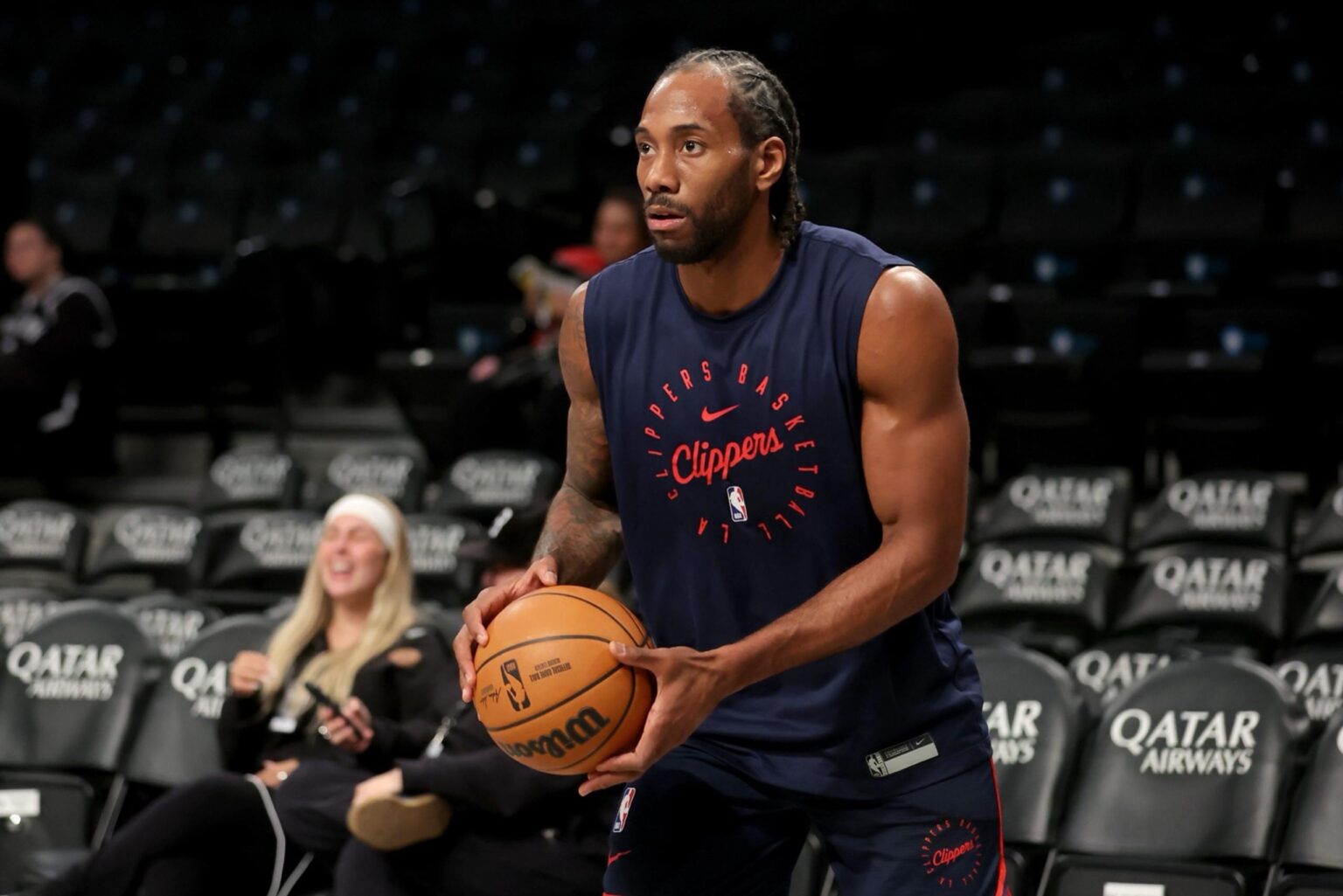 Mar 28, 2025; Brooklyn, New York, USA; Los Angeles Clippers forward Kawhi Leonard (2) warms up before a game against the Brooklyn Nets at Barclays Center. Mandatory Credit: Brad Penner-Imagn Images